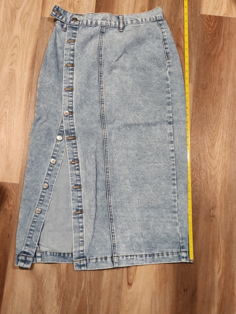 Light Wash Denim Maxi Skirt with Side Button Detail